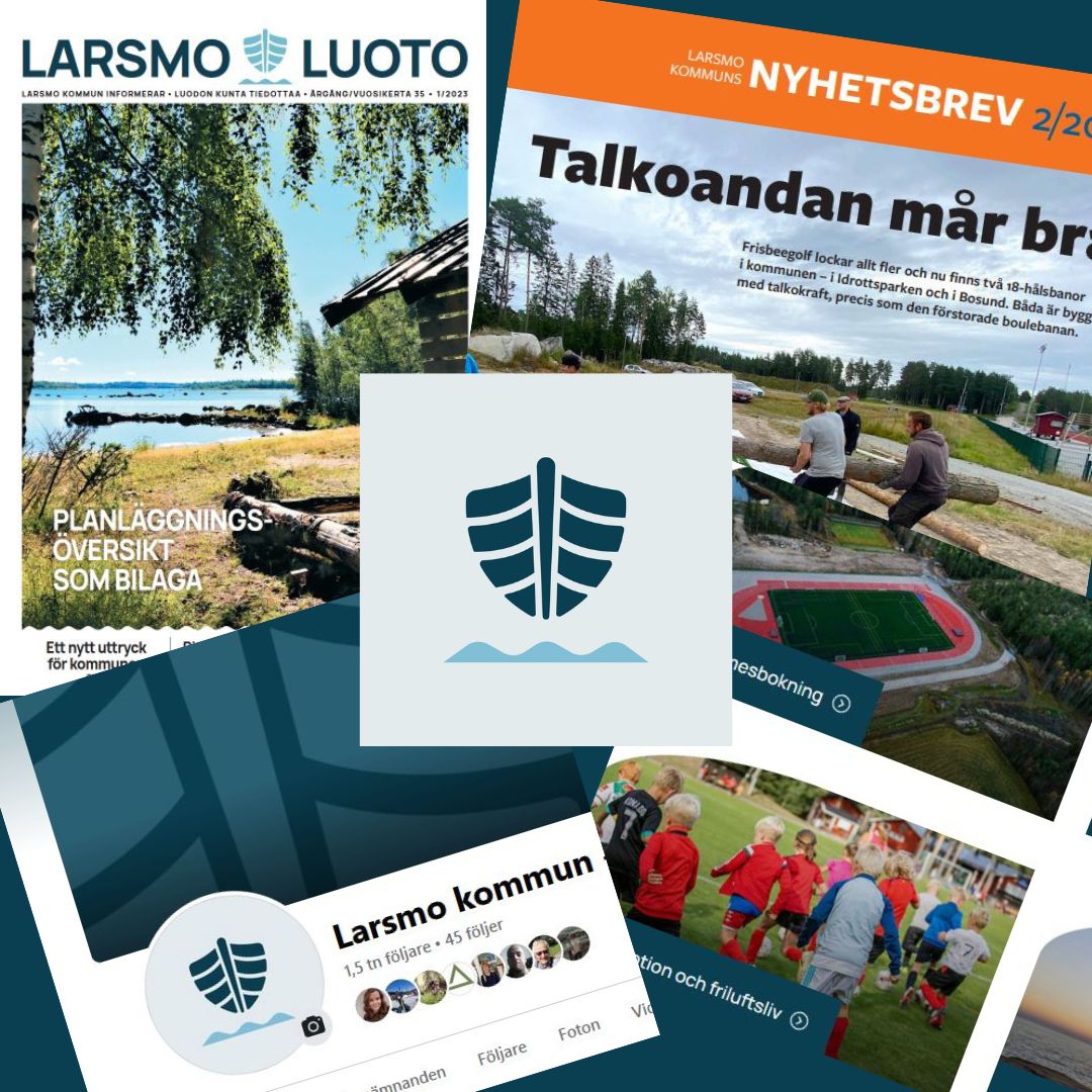Kollage med Larsmo kommuns informationskanaler samt logotyp i mitten