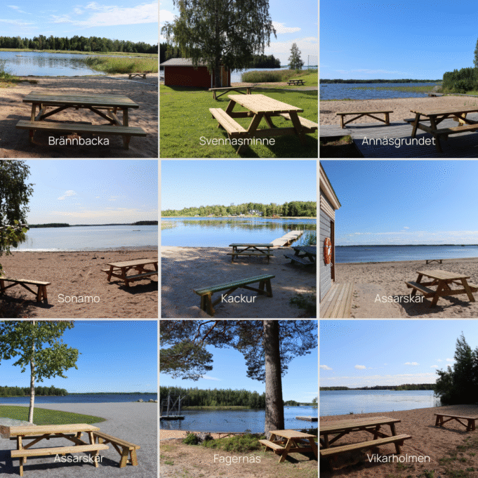 Bänkar och bord vid badstränderna